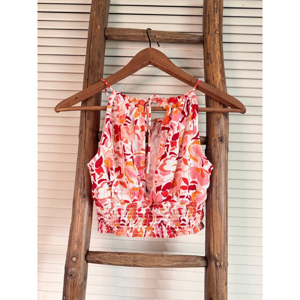 Japana Floral Print Halter Crop Top Smocked Waist Women's Size S‎